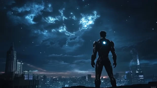 The figure of Tony Stark in Suit as he powers up under the night sky at the edge of a broken city.