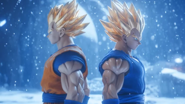 The frame freezes with Goku and Vegeta back to back, both ready for anything.
