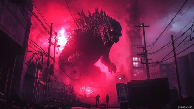 The glow of nuclear breath lights up twisted steel around Shin Godzilla.
