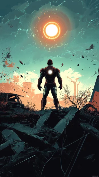 The glowing core of Iron Man Silhouette as he stands silently amid the chaos over a collapsed highway.
