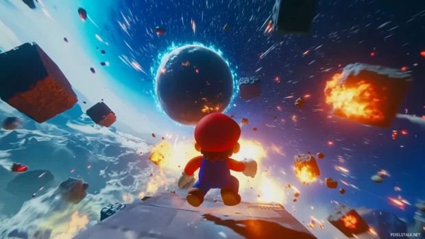 The gravity of a spinning cube planet pulls Mario in as meteors blaze behind him.