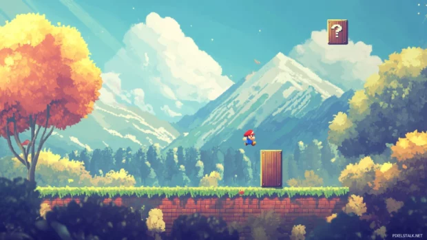 The hills of Super Mario World bounce as Mario jumps with joy collecting a rare power up.