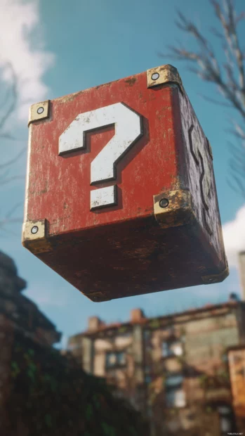 The iconic question mark block floating in mid air, a classic Super Mario element.