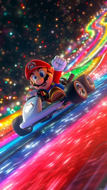 The kart speeding through Rainbow Road, a thrilling Mario Kart race.