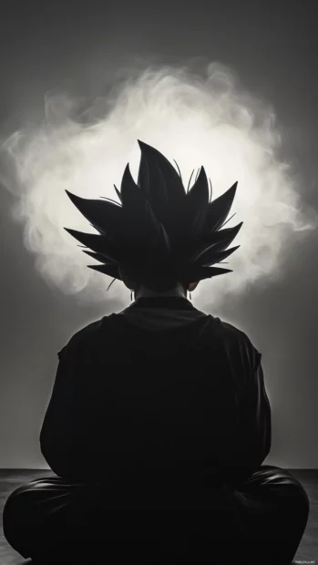 The light from the horizon outlines Gokus hair as he stares into the distance in silence.