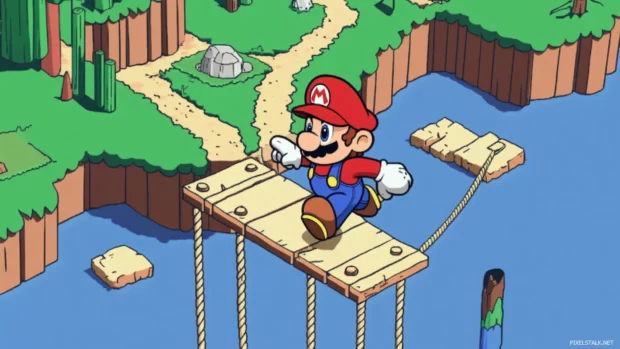 The map of Super Mario World zooms into a new area as Mario runs across a rope bridge.
