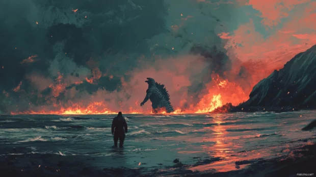 The ocean parting as Godzilla walks toward a burning island.
