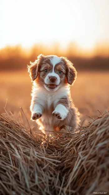 The puppy balances playfully on a haystack in golden hour.