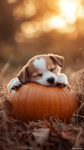 The puppy curls around a pumpkin in the chilly dusk.