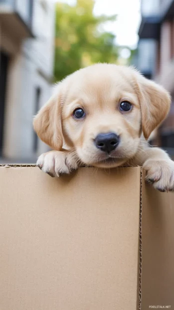 The puppy looks out from a cardboard box on moving day.