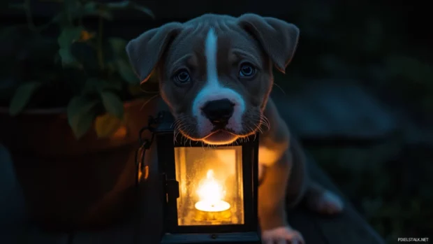 The puppy peers curiously into a lantern during twilight.