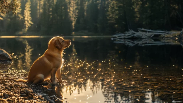 The puppys reflection sparkles in the quiet lake beside.