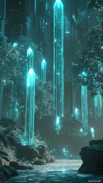 The quiet hum of a cyberpunk temple echoes through glowing crystal trees.