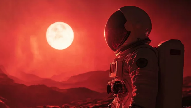 The red light of a distant dwarf star bathes the astronaut in color.