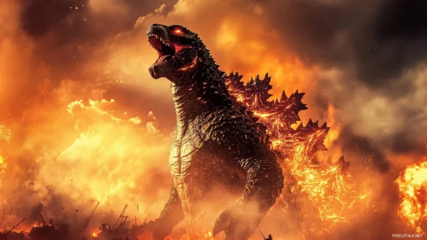 The roar of Godzilla splitting a glowing storm above a battlefield.