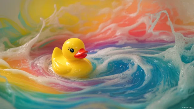 The rubber duck is surrounded by rainbow colored soap swirls in a dreamy tub scene.