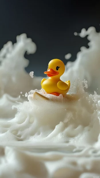 The rubber duck rides a soap bar surfboard through a wave of foam.