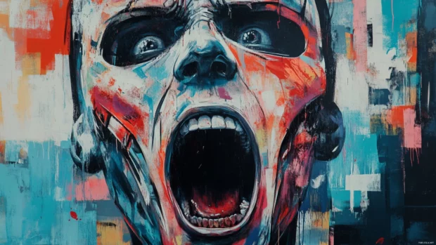 The scream of a robot painted in textured brush graffiti.