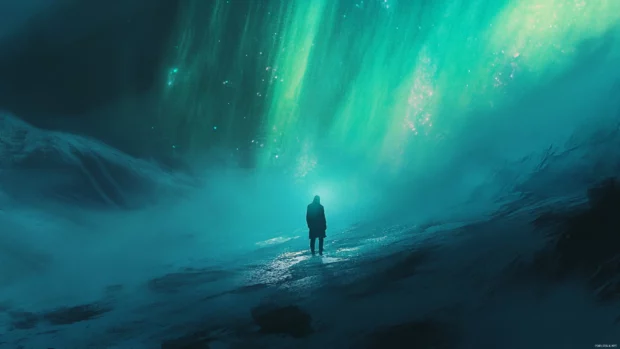 The serene atmosphere of Northern lights brought to life with detail.