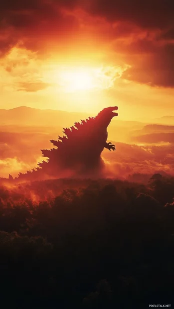 The shadow of Godzilla blocks out a sunrise over distant hills.