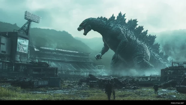 The shadow of Shin Godzilla stretches across a ruined stadium.