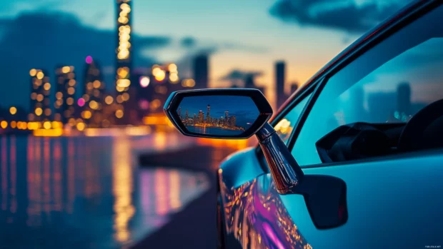 The side mirror of a Lamborghini captures reflections of a city skyline at blue hour.
