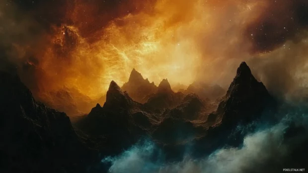 The silhouette of Rainbow Mountains framed against a nebula horizon.