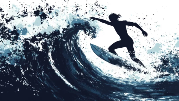 The silhouette of a surfer against crashing waves, embodying the thrill of summer adventure.