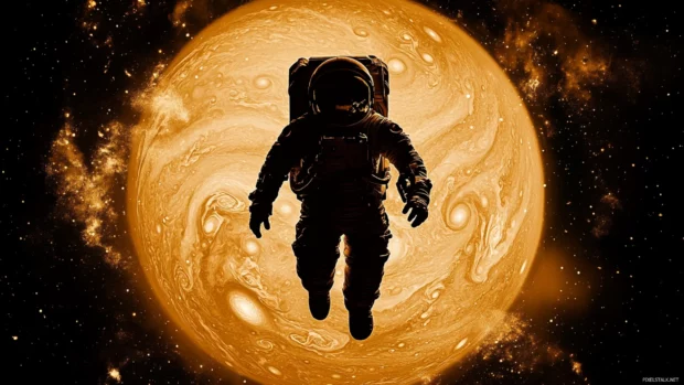 The silhouette of an astronaut floating against Jupiters glow.