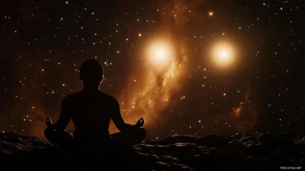 The silhouette of an astronaut meditating beneath a twin star system in deep space.