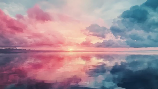 The soft twilight of sunset captured over a calm ocean scene in watercolor.