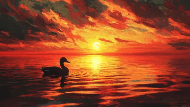 The sun sets as a single duck floats beneath painted skies.