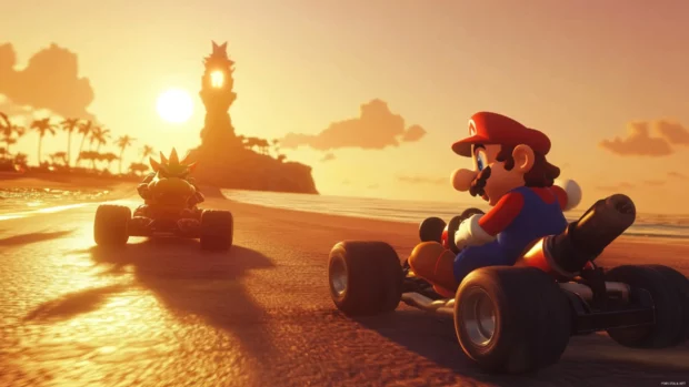 The sun sets over a seaside track as Mario and Bowser drift side by side in Mario Kart.