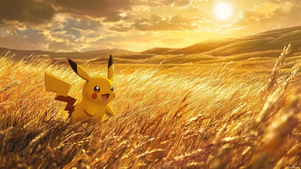 The sun sets over the hills while Pikachu runs joyfully through tall golden grass.