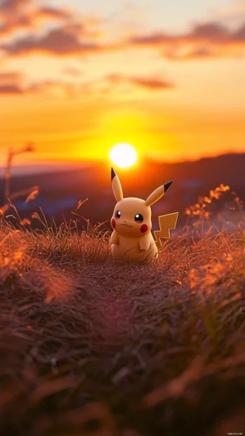 The sunset casts a warm orange light as Pikachu climbs a small grassy hill.