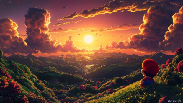 The sunset reflects on the hills of Super Mario World as Mario begins his journey at Yoshis Island.