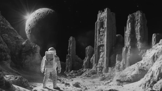 The surface of a moon with an astronaut standing in front of ancient alien ruins.