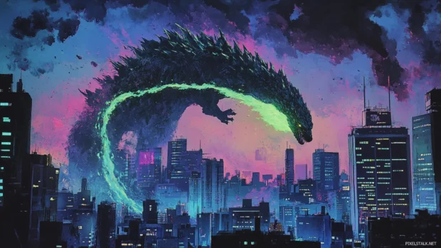 The tail of Godzilla sweeping through buildings in a glowing arc.