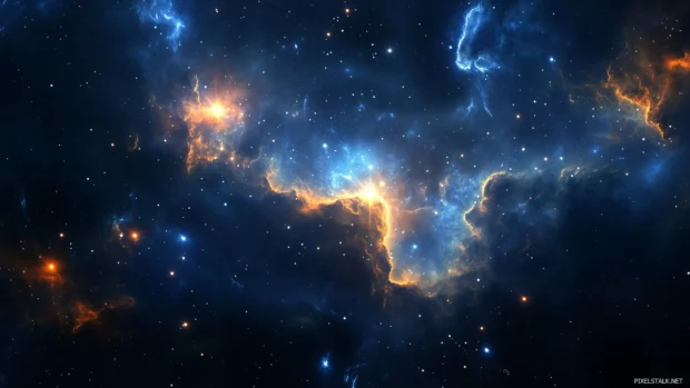 The vastness of space is filled with awe and wonder created by an expansive starry sky where a glowing nebula is visible in the distance and the stars shine brightly.