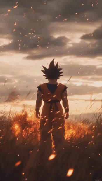 The wind carries sparks around Goku as he walks forward, eyes filled with focus.