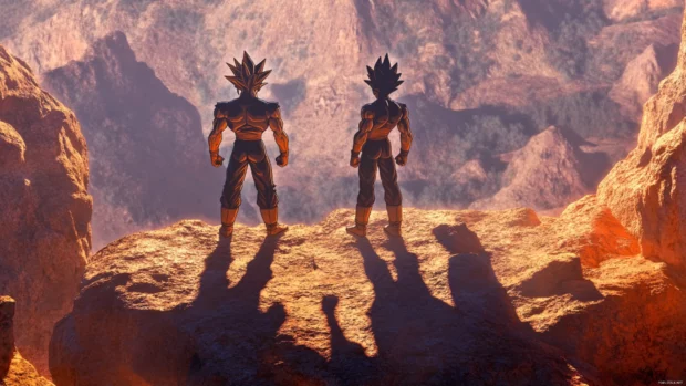Their shadows stretch across the rocks as Goku and Vegeta power up together in silence.
