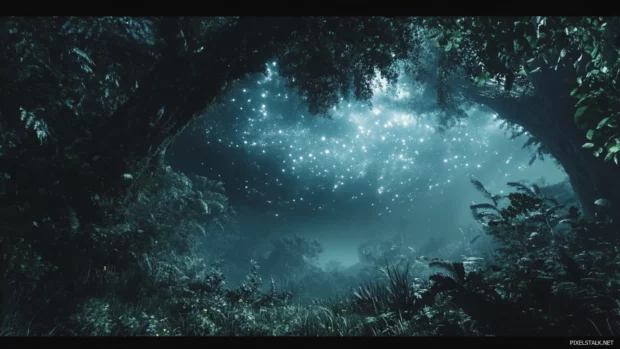 Thick forests swallowed by black starry veils.