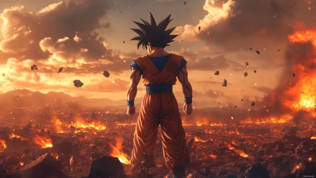 This Goku Desktop Wallpaper moment captures Goku preparing to teleport from a cratered battlefield.