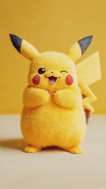 This Pikachu iPhone Wallpapers shows Pikachu mid blink with one paw raised on a plain cream surface.