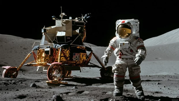 This astronaut wallpaper for desktop 4K showcases lunar exploration with stunning lighting and shadows.