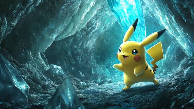 This high quality Pikachu Wallpaper 4K features Pikachu exploring a crystal cave glowing with light.