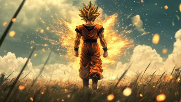 This super saiyan wallpaper shows Goku walking calmly with his Super Saiyan aura leaving sparks behind.