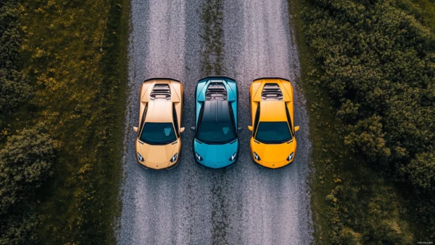 Three Lamborghini models aligned in a triangle formation from a drone perspective.