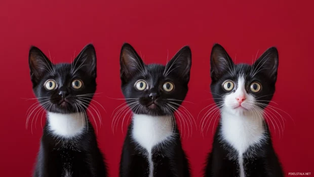 Three tuxedo kittens in a row staring directly into the camera.