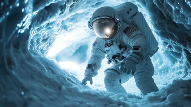 Through a crystalline ice cavern on Europa, an astronaut studies strange lights.